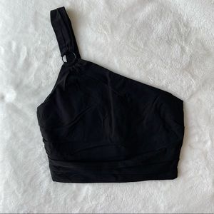 One-shoulder XS black crop top from Zara. Measurement references in photos.